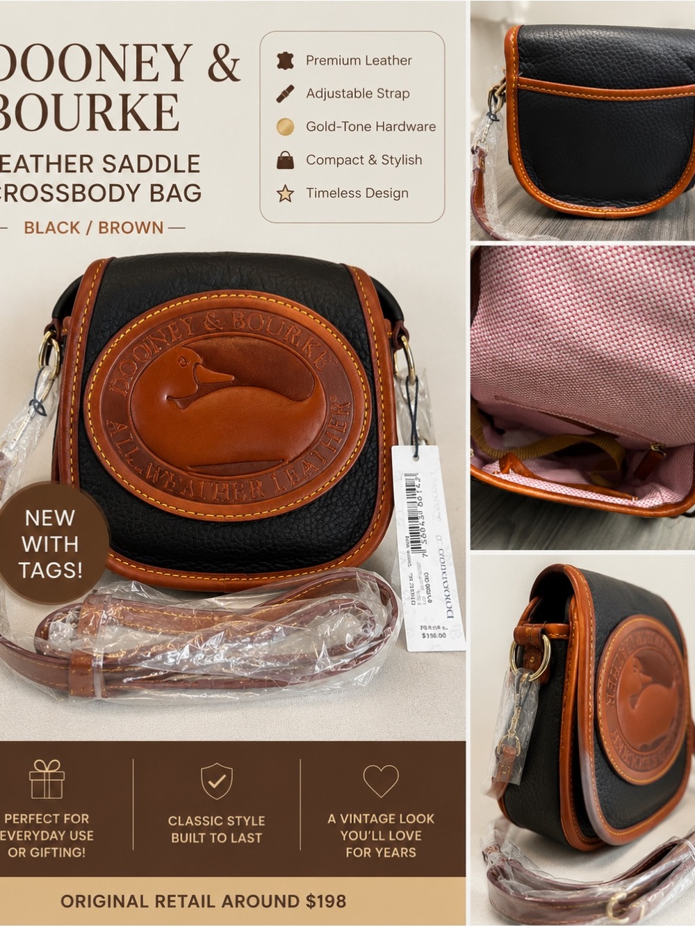 Dooney & Bourke Black with Brown Trim Leather Saddle Bag